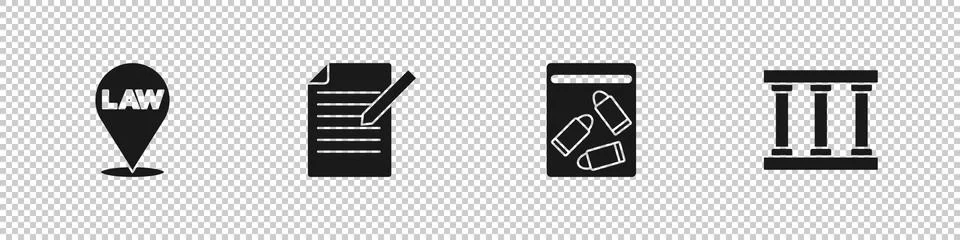 Set Location law, Document and pen, Evidence bag bullet and Prison window icon Stock Illustration