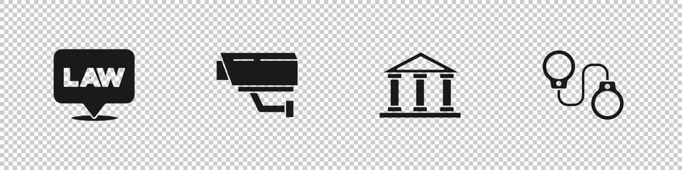 Set Location law, Security camera, Courthouse building and Handcuffs icon Ilustración de archivo