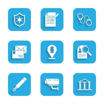 Set Location law, Security camera, Courthouse building, Paper analysis Ilustración de archivo