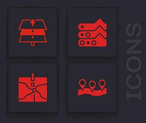 Set Location, Layers, Graph, chart, diagram and Intersection point icon. Vector Ilustração Stock