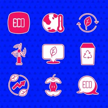 Set Location with leaf, Apple core, Leaf Eco symbol, Recycle bin, Electric .. Stock Illustration