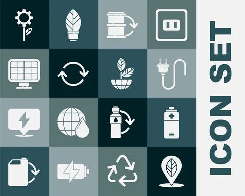 Set Location with leaf, Battery, Electric plug, Eco fuel barrel, Refresh, Sol Stock Illustration