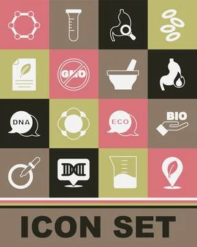 Set Location with leaf, Bio healthy food, Stomach heartburn, magnifying glass Stock-Illustration