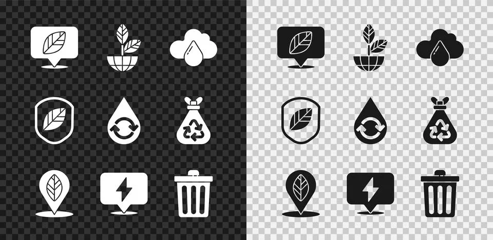 Set Location with leaf, Earth globe and plant, Cloud rain, Lightning bolt, Trash Stock Illustration