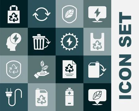 Set Location with leaf, Eco fuel canister, Plastic bag recycle, Shield, Rec.. Stock Illustration