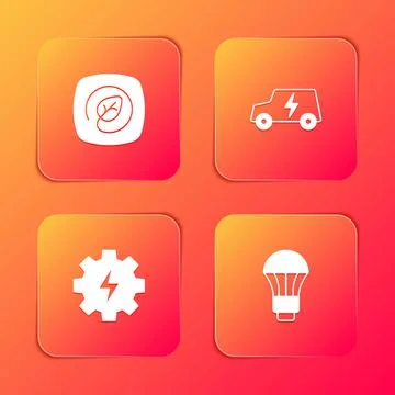 Set Location with leaf, Electric car, Gear and lightning and LED bulb icon Stock Illustration