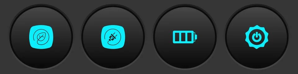 Set Location with leaf, Electric plug, Battery and Power button icon. Vector 스톡 일러스트