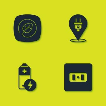 Set Location with leaf, Electrical outlet, Battery and plug icon. Vector 스톡 일러스트