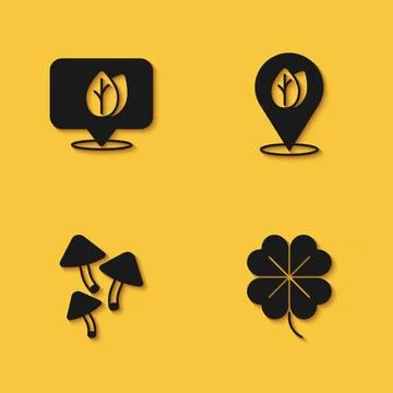 Set Location with leaf, Four clover, Mushroom and icon with long shadow. Vector Stock Illustration