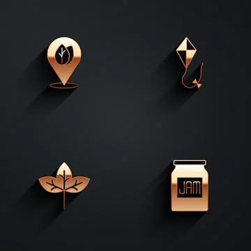 Set Location with leaf, Kite, Leaf and Jam jar icon with long shadow. Vector 스톡 일러스트