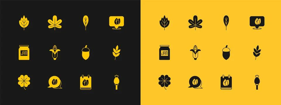 Set Location with leaf, Leaf, Acorn, Calendar autumn leaves, Corn,  and Che.. Stock Illustration