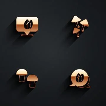 Set Location with leaf, Mushroom, and Leaf icon with long shadow. Vector 스톡 일러스트