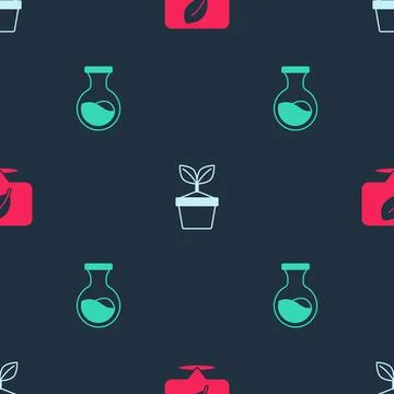 Set Location with leaf, Plant in pot and Test tube and flask on seamless pattern Stock Illustration