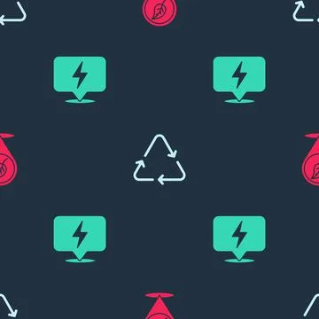 Set Location with leaf, Recycle symbol and Lightning bolt on seamless pattern Stockillustratie