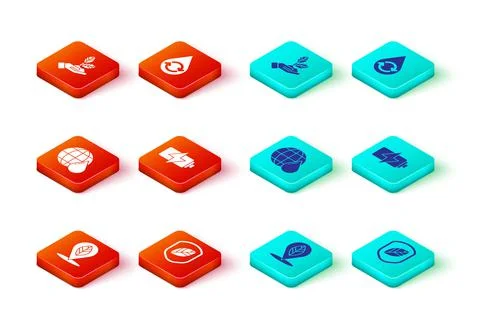 Set Location with leaf, Shield, Earth planet in water drop, Battery, Recycle  Stock Illustration