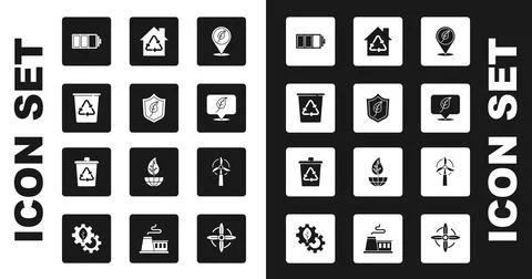 Set Location with leaf, Shield, Recycle bin recycle, Battery, Eco House Ilustración de archivo