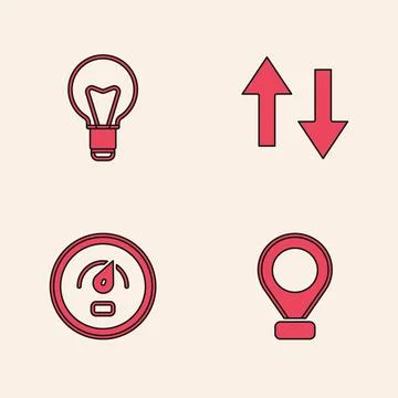 Set Location, Light bulb, Arrow and Digital speed meter icon. Vector Stock Illustration