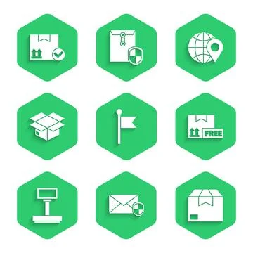 Set Location marker, Envelope with shield, Carton cardboard box, Cardboard free 库存插图