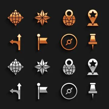 Set Location marker, Map pointer with star, Push pin, Compass, Road traffic s Stock Illustration