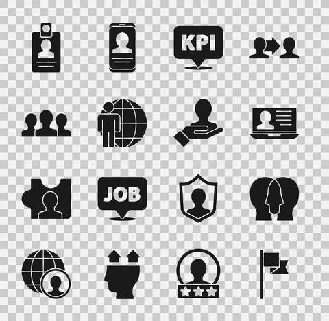 Set Location marker, Project team base, Laptop with resume, Key performance Stock Illustration