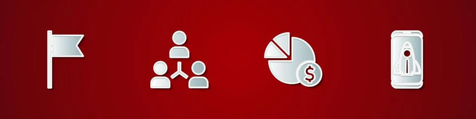 Set Location marker, Project team base, Pie chart and dollar and Startup project Stock Illustration