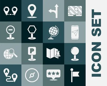 Set Location marker, Push pin, City map navigation, Road traffic sign, Stop.. Stock Illustration