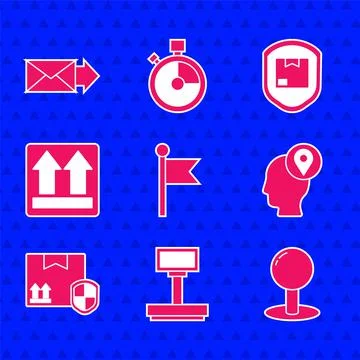 Set Location marker, Scale, Push pin, Delivery man with cardboard boxes, pack Stockillustratie