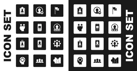 Set Location marker, Smartphone, User of man, Clipboard with resume, Create Illustrazione stock