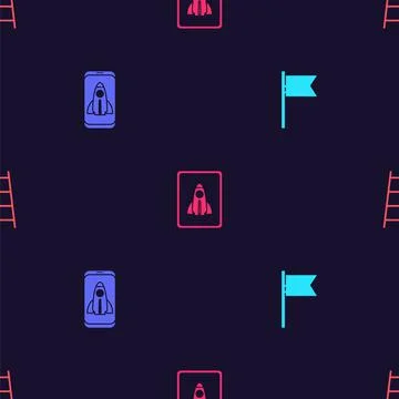 Set Location marker, Startup project concept, and Stair with finish flag on Stock Illustration