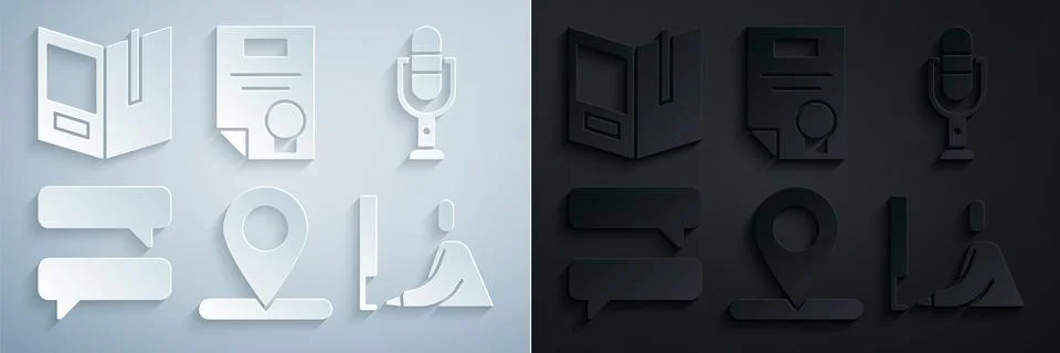 Set Location, Microphone, Speech bubble chat, Student working laptop, Certi.. Illustrazione stock