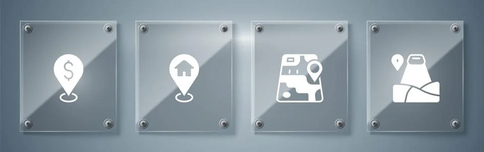 Set Location with mountain, City map navigation, house and Cash location. Square Stock Illustration