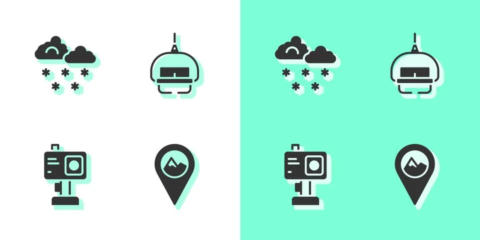 Set Location with mountain, Cloud snow, Action camera and Ski lift icon. Vector Illustrazione stock