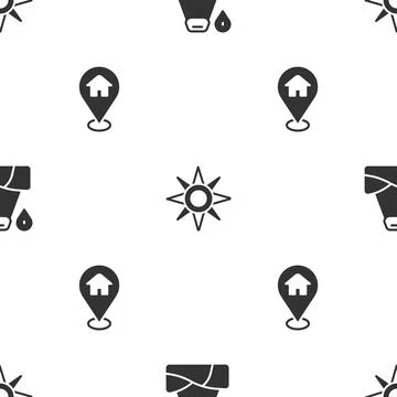 Set Location with mountain, Wind rose and house on seamless pattern. Vector Illustrazione stock