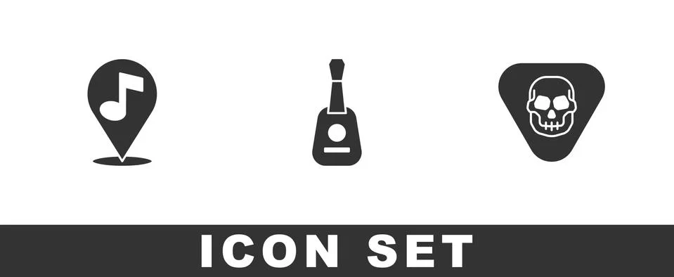 Set Location musical note, Guitar and pick icon. Vector Stock Illustration