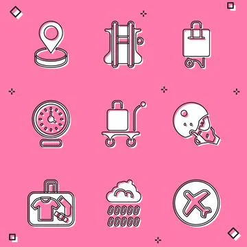 Set Location, Parachute, Suitcase, Clock, Trolley baggage, Modern pilot helmet Illustrazione stock