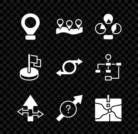 Set Location, Pie chart infographic, Arrow, Intersection point, Flag and icon Stock-Illustration