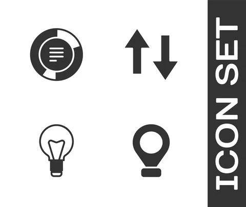 Set Location, Pie chart infographic, Light bulb and Arrow icon. Vector Stock Illustration