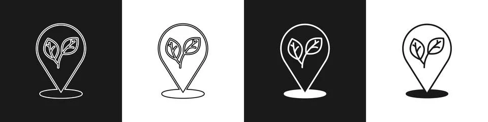 Set Location pin with leaf inside icon isolated on black and white backgrou.. Stock Illustration