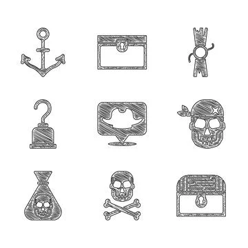 Set Location pirate, Skull crossbones, Antique treasure chest, Pirate coin, hook 스톡 일러스트