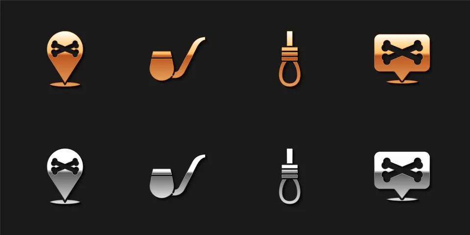 Set Location pirate, Smoking pipe, Gallows rope loop hanging and icon. Vector Illustrazione stock