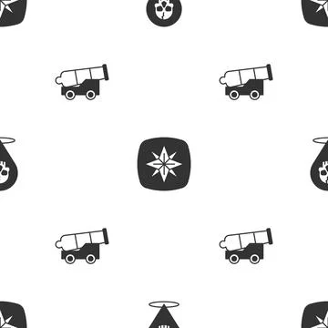 Set Location pirate, Wind rose and Cannon on seamless pattern. Vector Stock Illustration