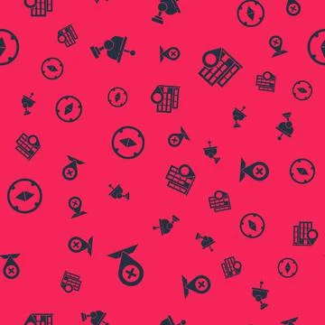 Set Location, Radar, Compass and with house on seamless pattern. Vector Stock Illustration