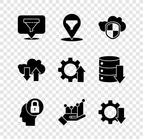Set Location with sales funnel, Cloud and shield, Human head lock, Pie chart Illustrazione stock
