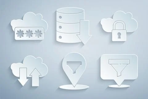 Set Location with sales funnel, Cloud computing lock, download and upload Illustrazione stock