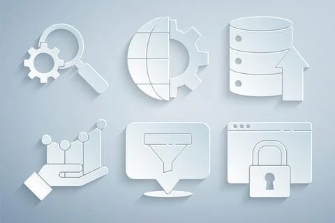 Set Location with sales funnel, Server, Data, Web Hosting, Pie chart infographic Ilustración de archivo