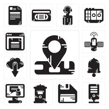 Set of Location, Server, Diskette, Mailbox, Video call, Bell, Cloud computing Illustrazione stock gratuita