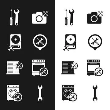 Set Location service, Hard disk drive, Screwdriver and wrench, Photo camera Stock Illustration