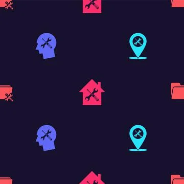 Set Location service, Human head, House and Folder on seamless pattern. Vector Stock Illustration