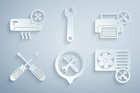 Set Location service, Printer, Crossed screwdrivers, Air conditioner, Wrenc.. Stock Illustration
