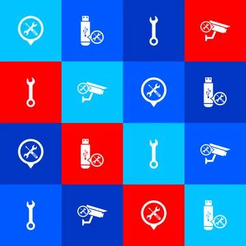 Set Location service, USB flash drive, Wrench and Security camera icon. Vector Stock Illustration
